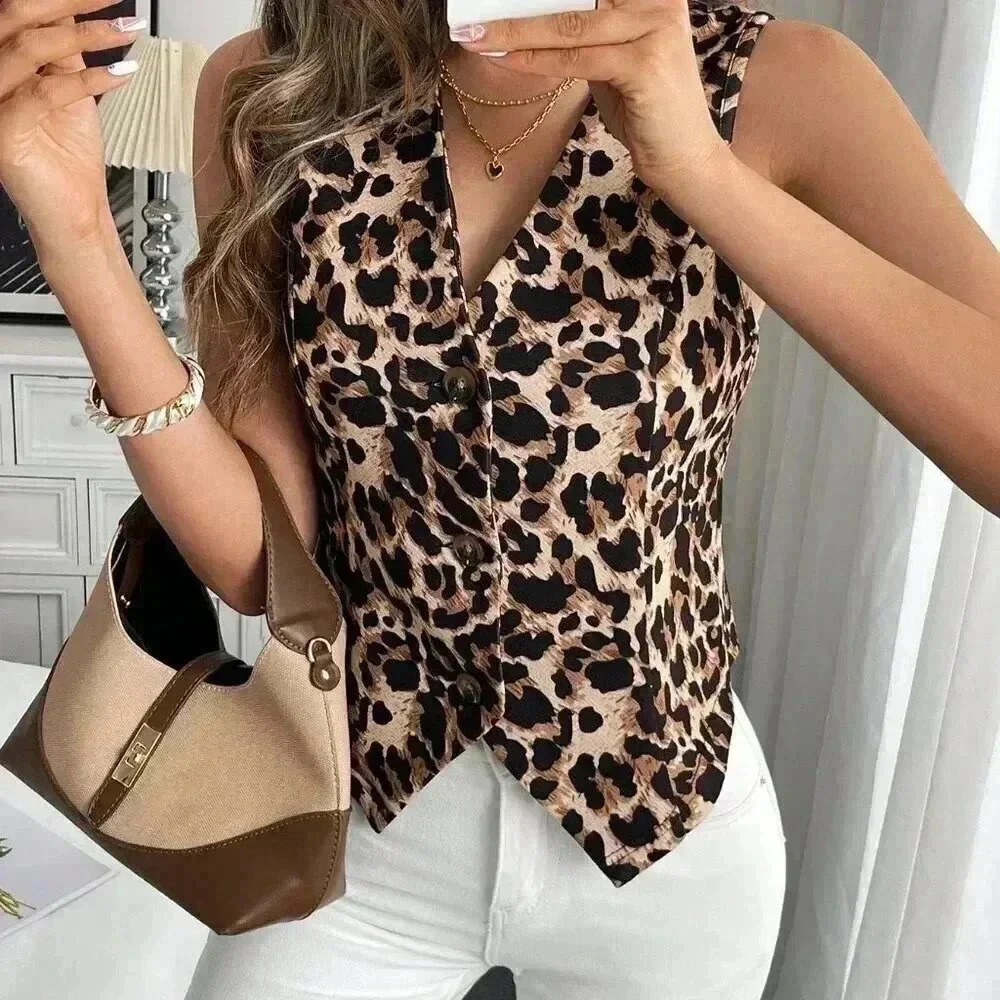 Khaki Casual Women's Slim Fit Leopard Print Short Vest